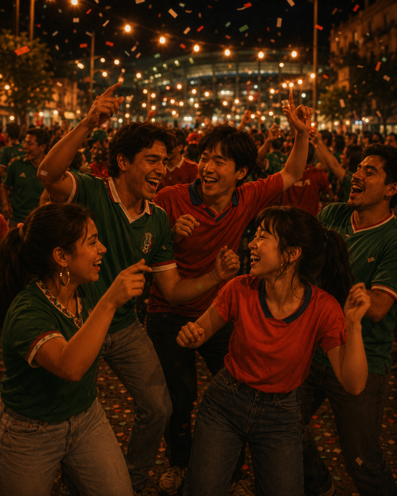 Illustrated Mexican and South Korean soccer fans dancing and celebrating together in the street at night during the 2026 World Cup, confetti falling, representing the warmth fans show each other when governments don't.