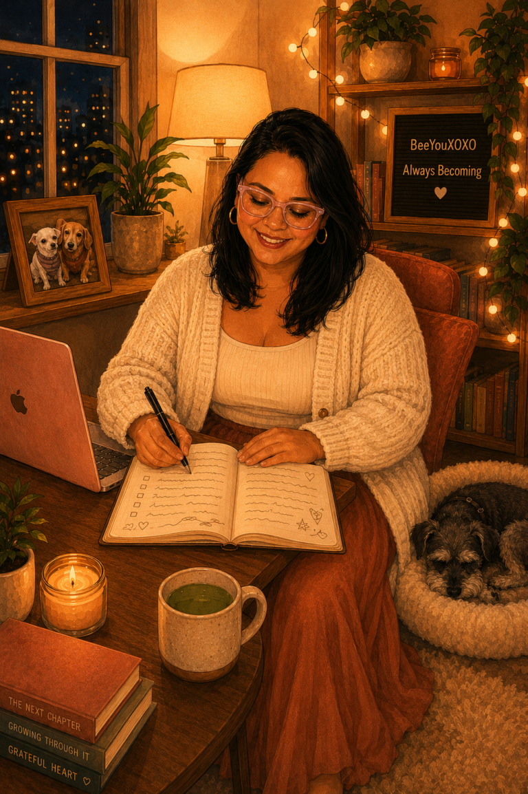 Illustrated portrait of Bee writing her 40 Before 40 list in a cozy apartment with Oliver sleeping nearby