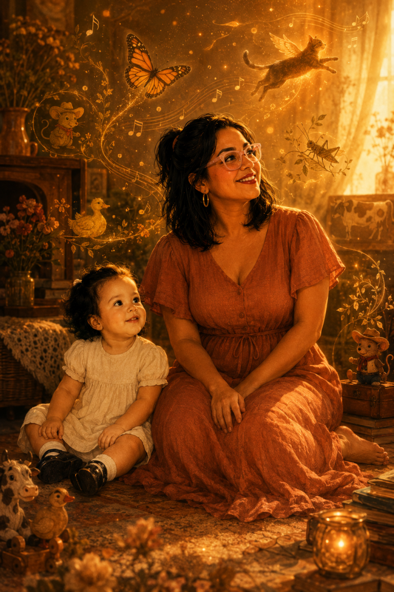 Baby Bee and Adult Bee looking at the animal songs we carry through a lifetime