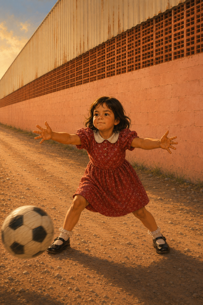 Alt Text: Young Mexican-American girl playing goalkeeper on a dirt soccer field, symbolizing childhood World Cup memories and a love of soccer passed down through family.