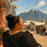 Latina woman looking out at a Viva Aerobus plane in Monterrey Mexico with Cerro de la Silla mountains in the background before deciding to get bariatric surgery