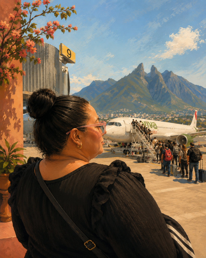 Latina woman looking out at a Viva Aerobus plane in Monterrey Mexico with Cerro de la Silla mountains in the background before deciding to get bariatric surgery