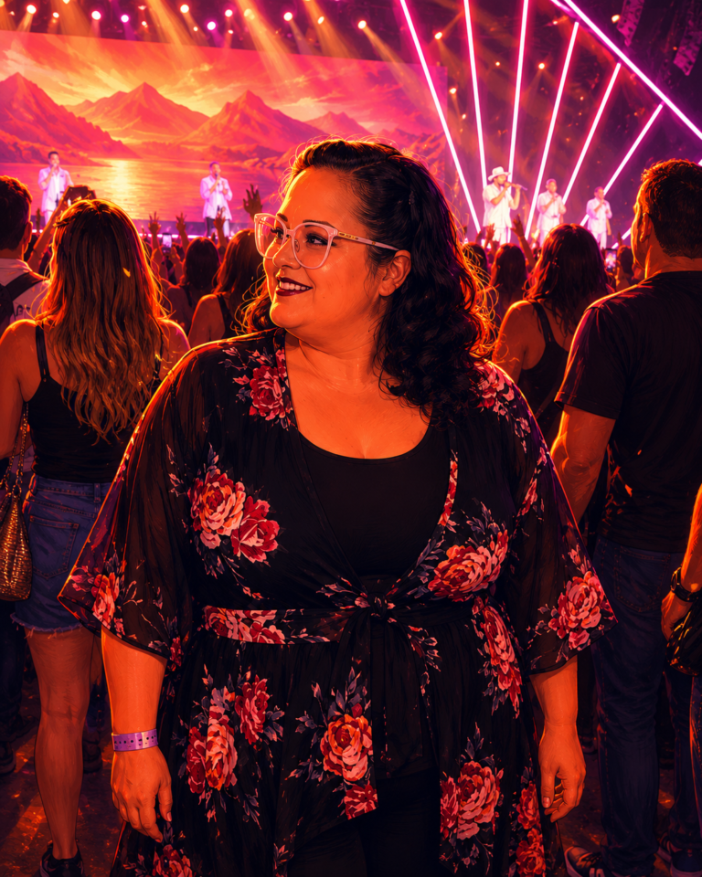 Latina woman smiling alone in the crowd at a concert, stage lights glowing behind her