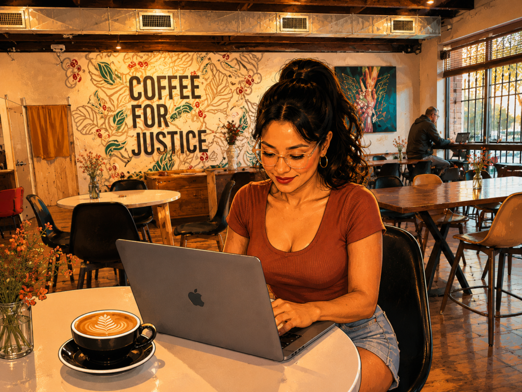 Illustrated portrait of Bee working on her MacBook at a cozy Houston coffee shop