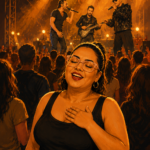 Illustrated portrait of Bee singing at a concert after gallbladder surgery, stage lights behind her