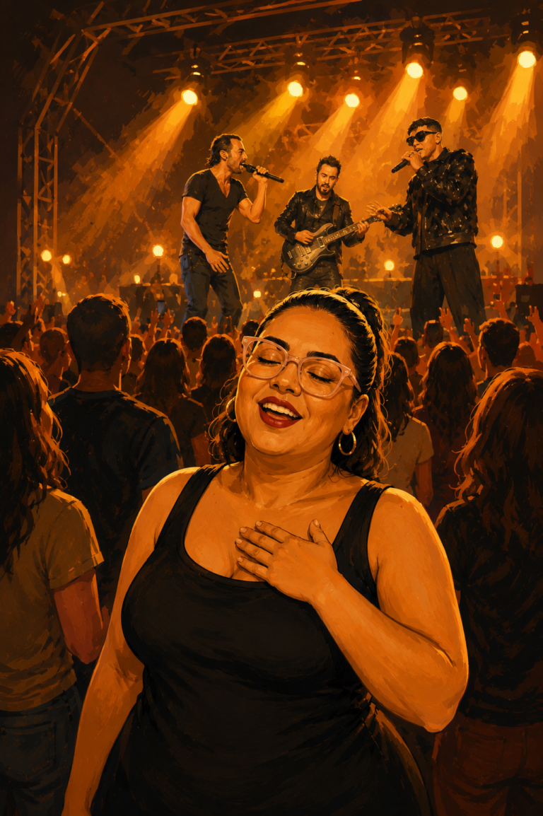 Illustrated portrait of Bee singing at a concert after gallbladder surgery, stage lights behind her