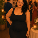 Latina woman in black midi dress at a celebration after gastric bypass surgery feeling confident and beautiful