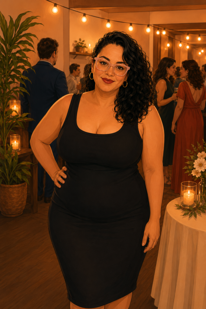 Latina woman in black midi dress at a celebration after gastric bypass surgery feeling confident and beautiful