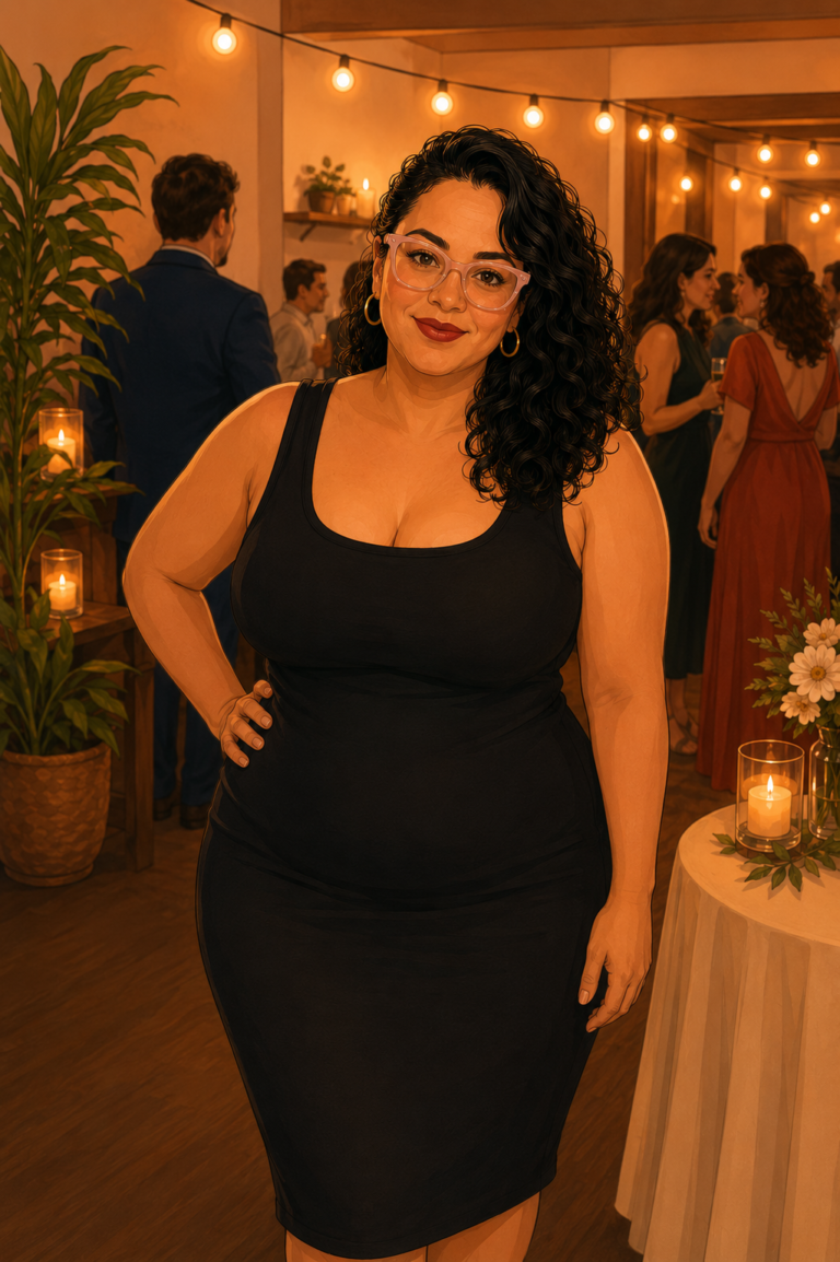 Latina woman in black midi dress at a celebration after gastric bypass surgery feeling confident and beautiful