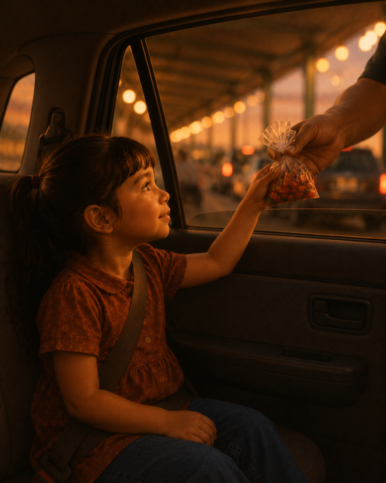 Illustrated young girl reaching through a car window to take candy from a vendor at a border crossing at golden hour, a childhood memory of performative support and the cost of staying quiet.